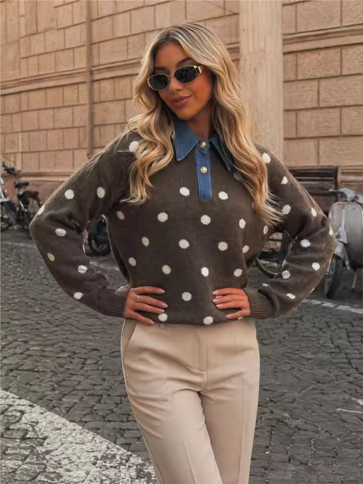 Olivia Brown knit sweater with allover polka dots, contrasting collar, button placket, and relaxed silhouette