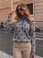 Olivia Gray collared knit sweater featuring an allover polka-dot pattern, front buttons, and ribbed cuffs