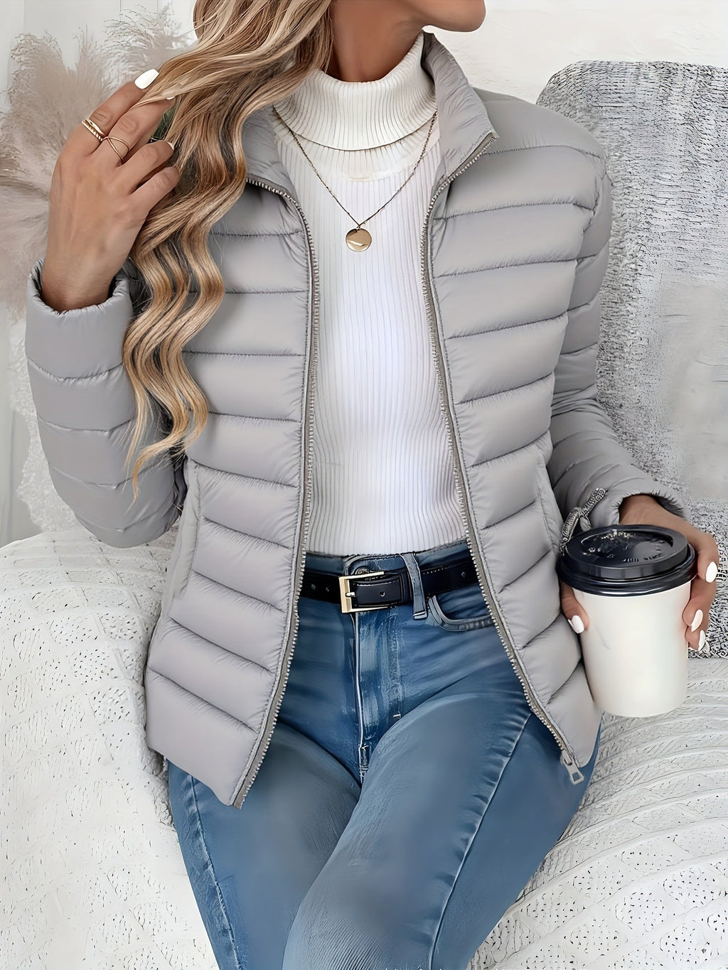 Front view of the Ondine Jacket Puffer Stand-Collar in gray, featuring a stand collar, quilted puffer construction, zip-front closure, and a lightweight insulated silhouette. Designed by Bella Hudson.