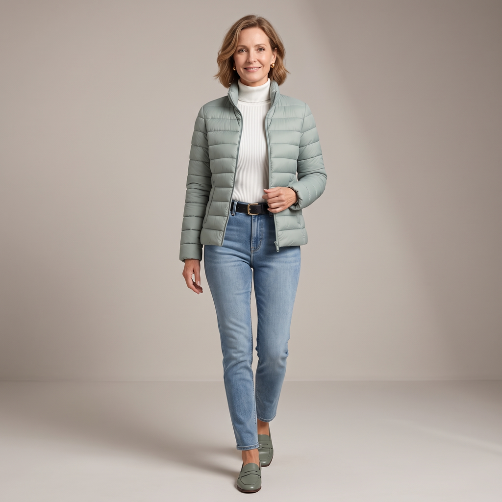 Front view of the Ondine Jacket Puffer Stand-Collar in green, featuring a stand collar, quilted puffer construction, zip-front closure, and a lightweight insulated silhouette. Designed by Bella Hudson.