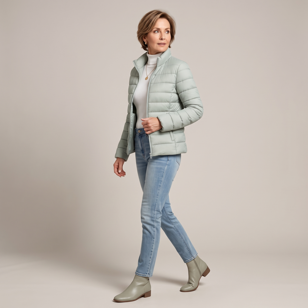 Side view of the Ondine Jacket Puffer Stand-Collar in green, showcasing the quilted puffer design, stand collar, zip-front closure, and lightweight fit. Designed by Bella Hudson.
