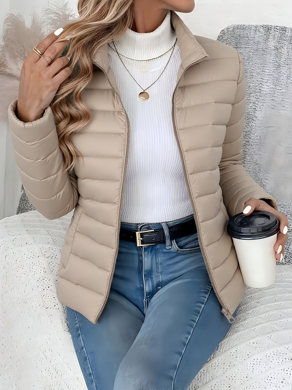 Front view of the Ondine Jacket Puffer Stand-Collar in khaki, featuring a stand collar, quilted puffer construction, zip-front closure, and a lightweight insulated silhouette. Designed by Bella Hudson.