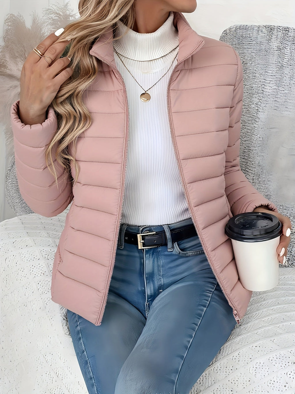 Front view of the Ondine Jacket Puffer Stand-Collar in pink, featuring a stand collar, quilted puffer construction, zip-front closure, and a lightweight insulated silhouette. Designed by Bella Hudson.