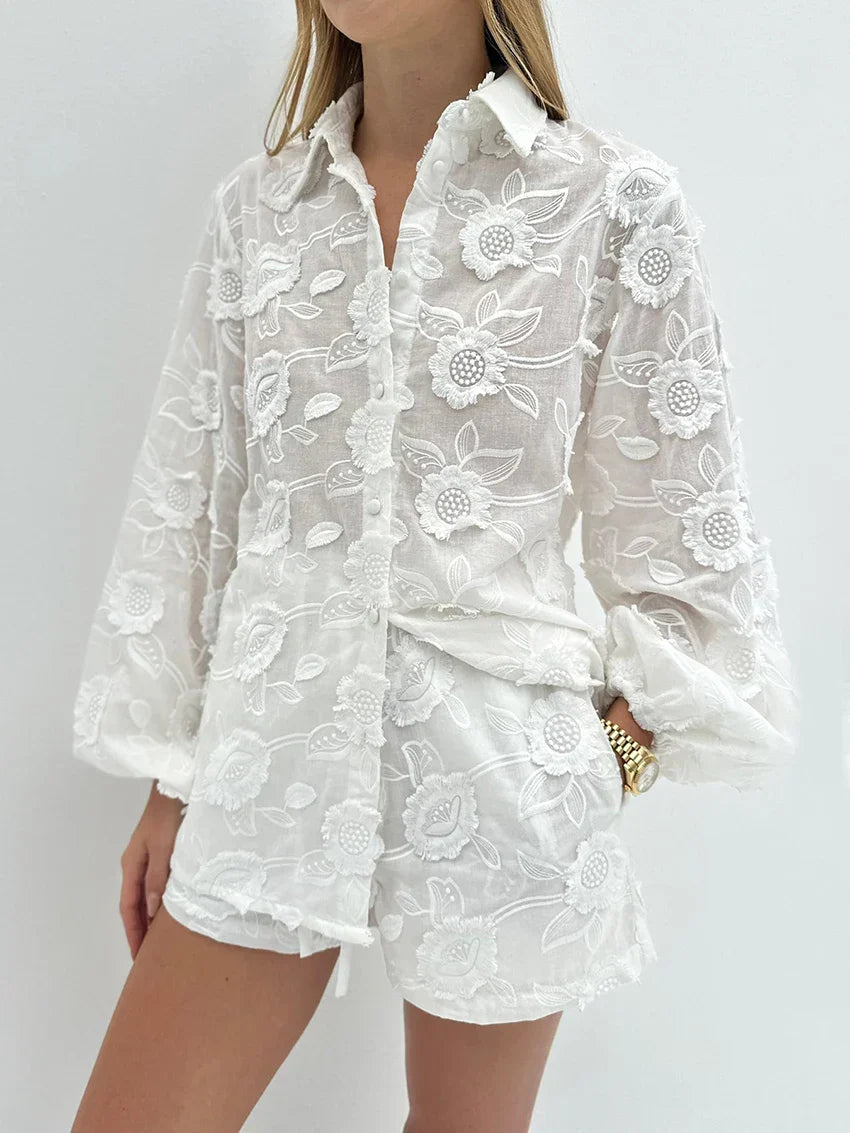 Ondine embroidered sheer shirt and shorts set, view 2