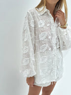 Ondine embroidered sheer shirt and shorts set, view 3