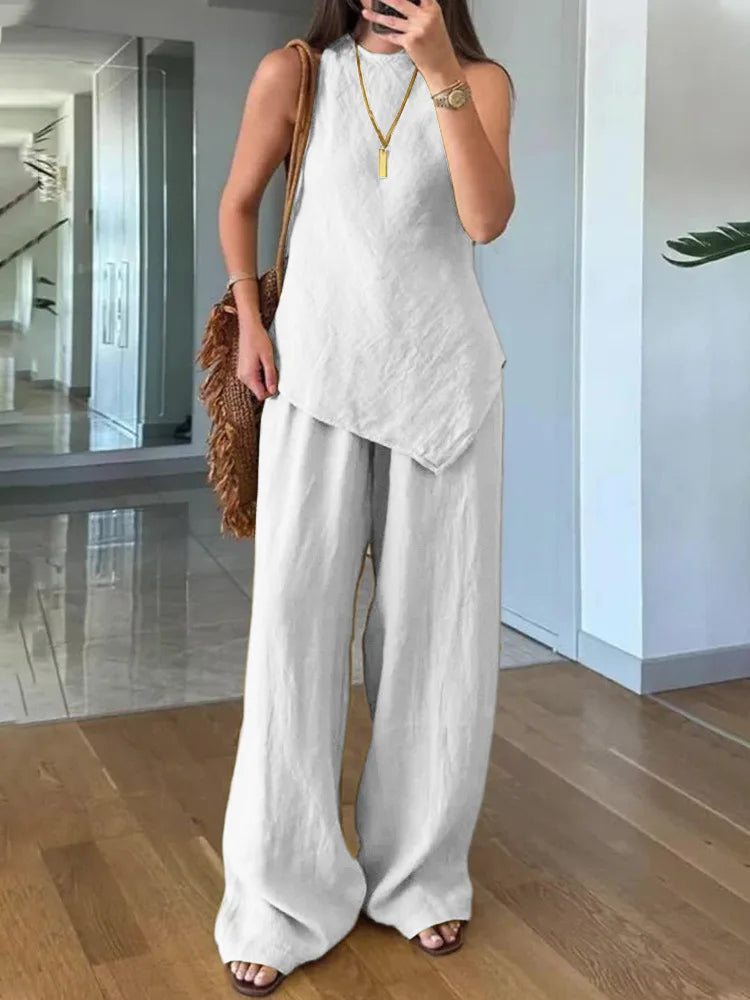 Ophelia asymmetrical top and wide leg trouser set, view 1