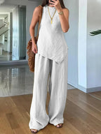 Ophelia asymmetrical top and wide leg trouser set, view 1