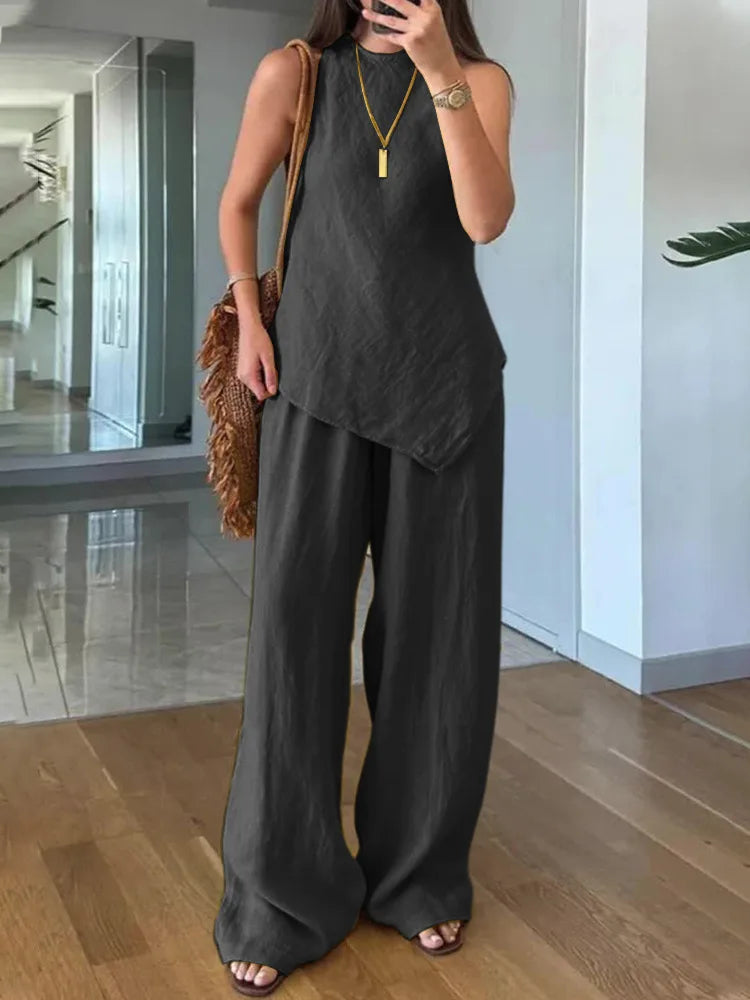 Ophelia asymmetrical top and wide leg trouser set, view 2
