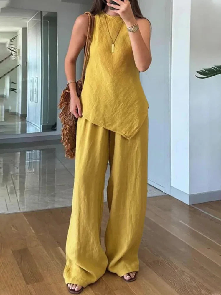 Ophelia asymmetrical top and wide leg trouser set, view 3