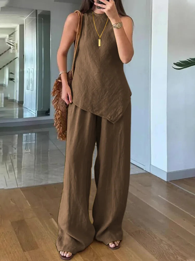Ophelia asymmetrical top and wide leg trouser set, view 6