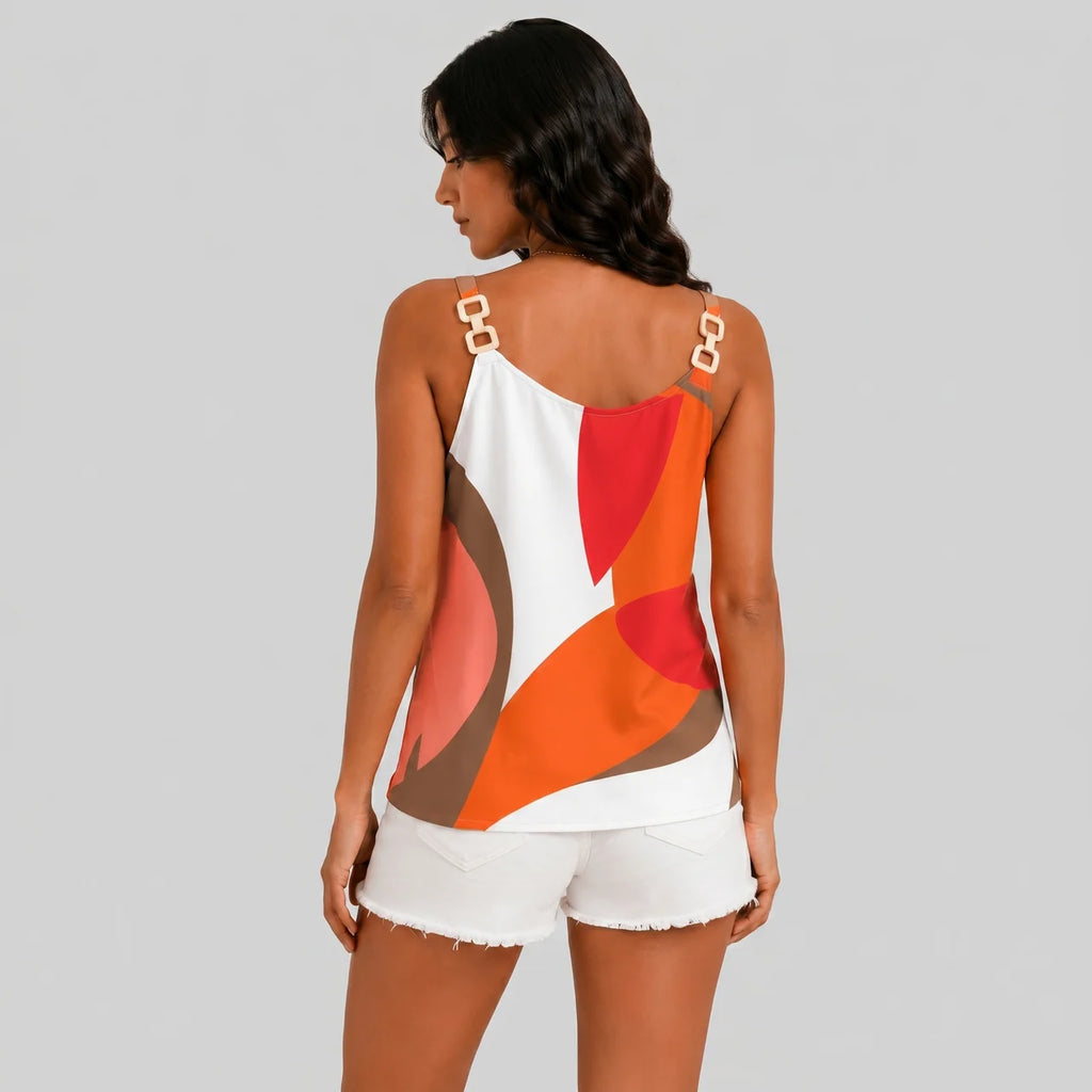 Back view of orange abstract print cami top with chain straps and sleeveless design by BELLA HUDSON