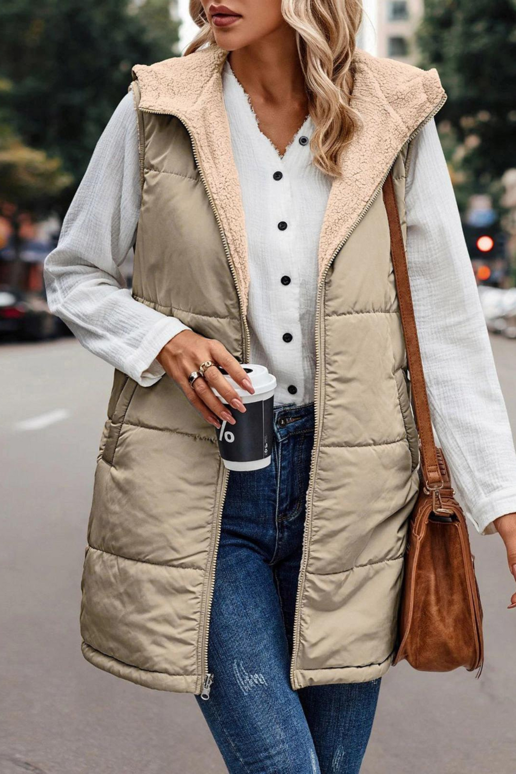 Ottilie Hooded Zip Vest, Beige