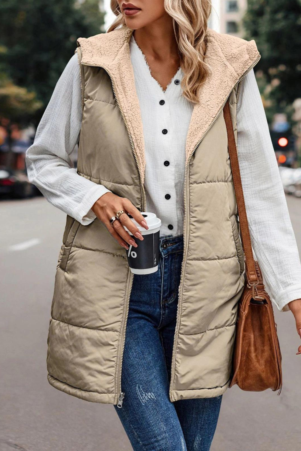 Ottilie Hooded Zip Vest, Beige