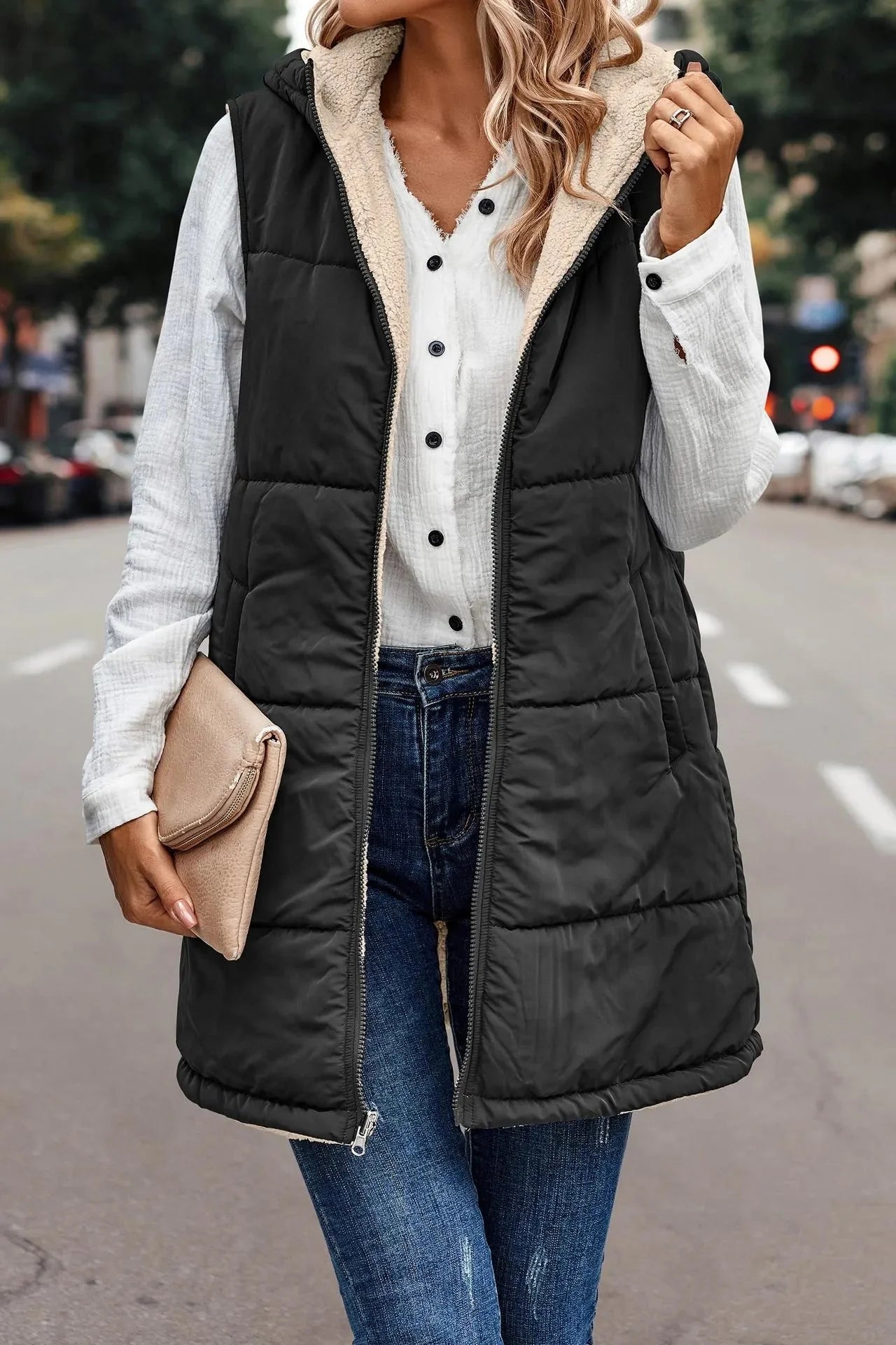 Ottilie Hooded Zip Vest, Black