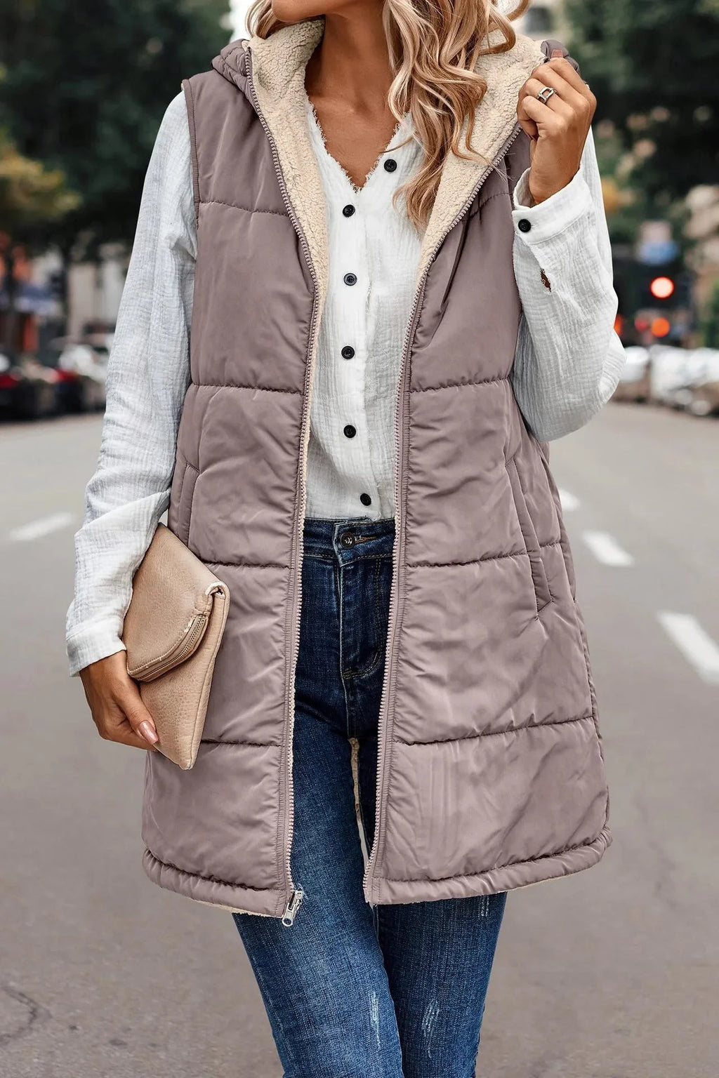 Ottilie Hooded Zip Vest, Camel