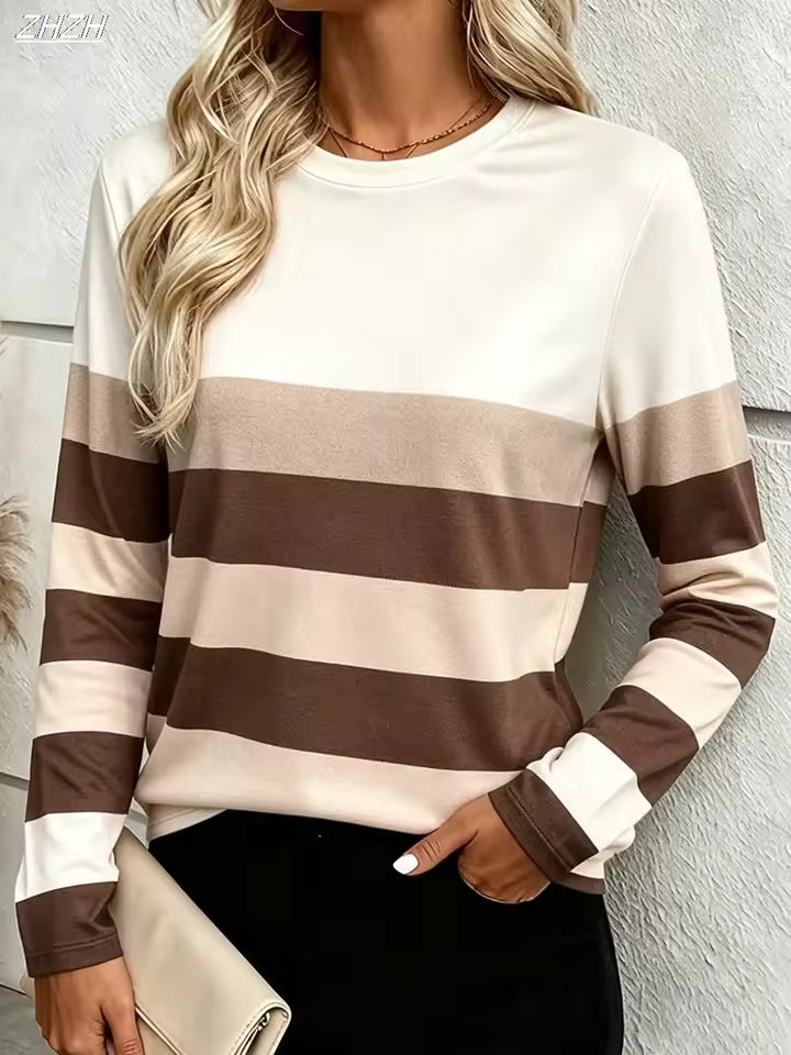 Paige Beige striped colorblock top with crew neckline and long sleeves