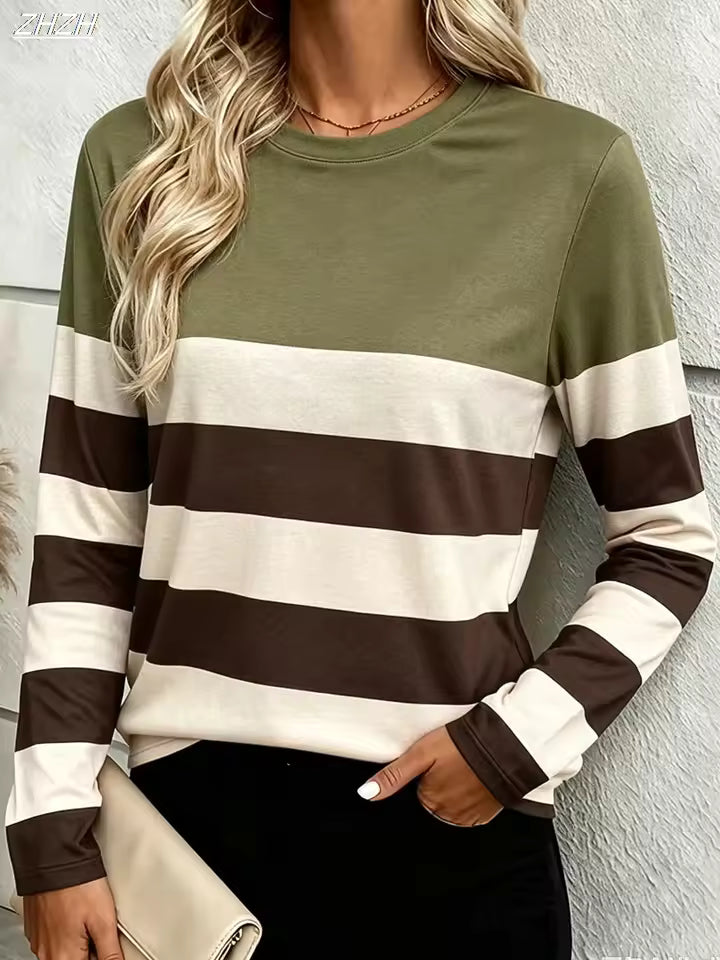 Paige Green striped colorblock top with crew neckline, horizontal stripes, and long sleeves