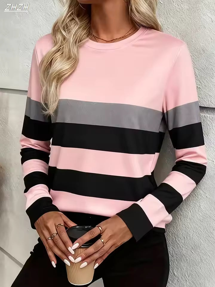 Paige Pink striped colorblock top with horizontal stripes and relaxed silhouette