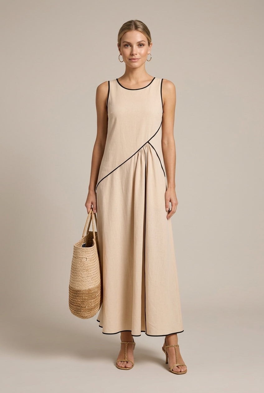 Palmira A-line linen maxi dress, Beige