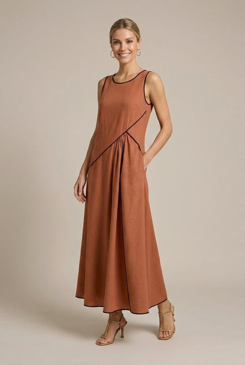 Palmira A-line linen maxi dress, Brown