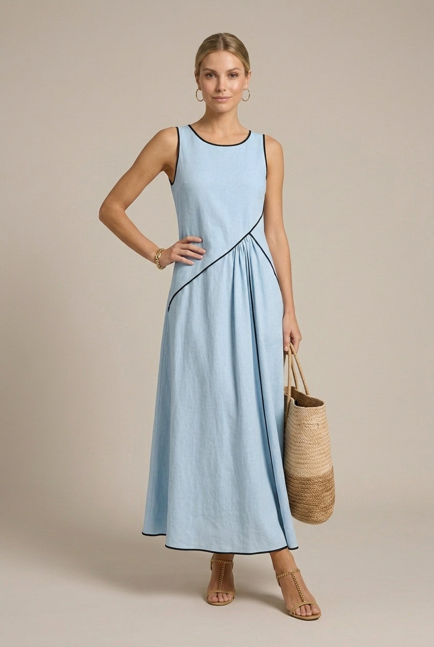 Palmira A-line linen maxi dress, Light Blue