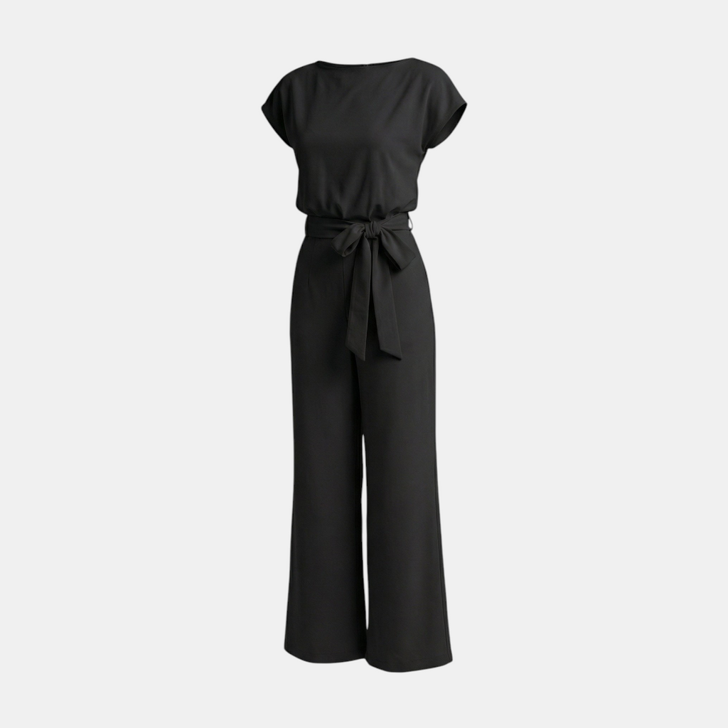 Front view of the Paloma Jumpsuit Wide-Leg Tie-Waist in black, featuring cap sleeves, a round neckline, elastic tie waist, and elegant wide-leg styling. Designed by Bella Hudson.