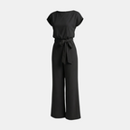 Front view of the Paloma Jumpsuit Wide-Leg Tie-Waist in black, featuring cap sleeves, a round neckline, elastic tie waist, and elegant wide-leg styling. Designed by Bella Hudson.