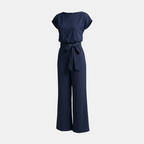 Front view of the Paloma Jumpsuit Wide-Leg Tie-Waist in dark blue, featuring cap sleeves, a round neckline, elastic tie waist, and a sophisticated wide-leg silhouette. Designed by Bella Hudson.
