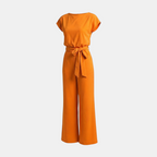 Front view of the Paloma Jumpsuit Wide-Leg Tie-Waist in orange, featuring a round neckline, cap sleeves, tie-waist detail, and a flowing wide-leg silhouette. Designed by Bella Hudson.