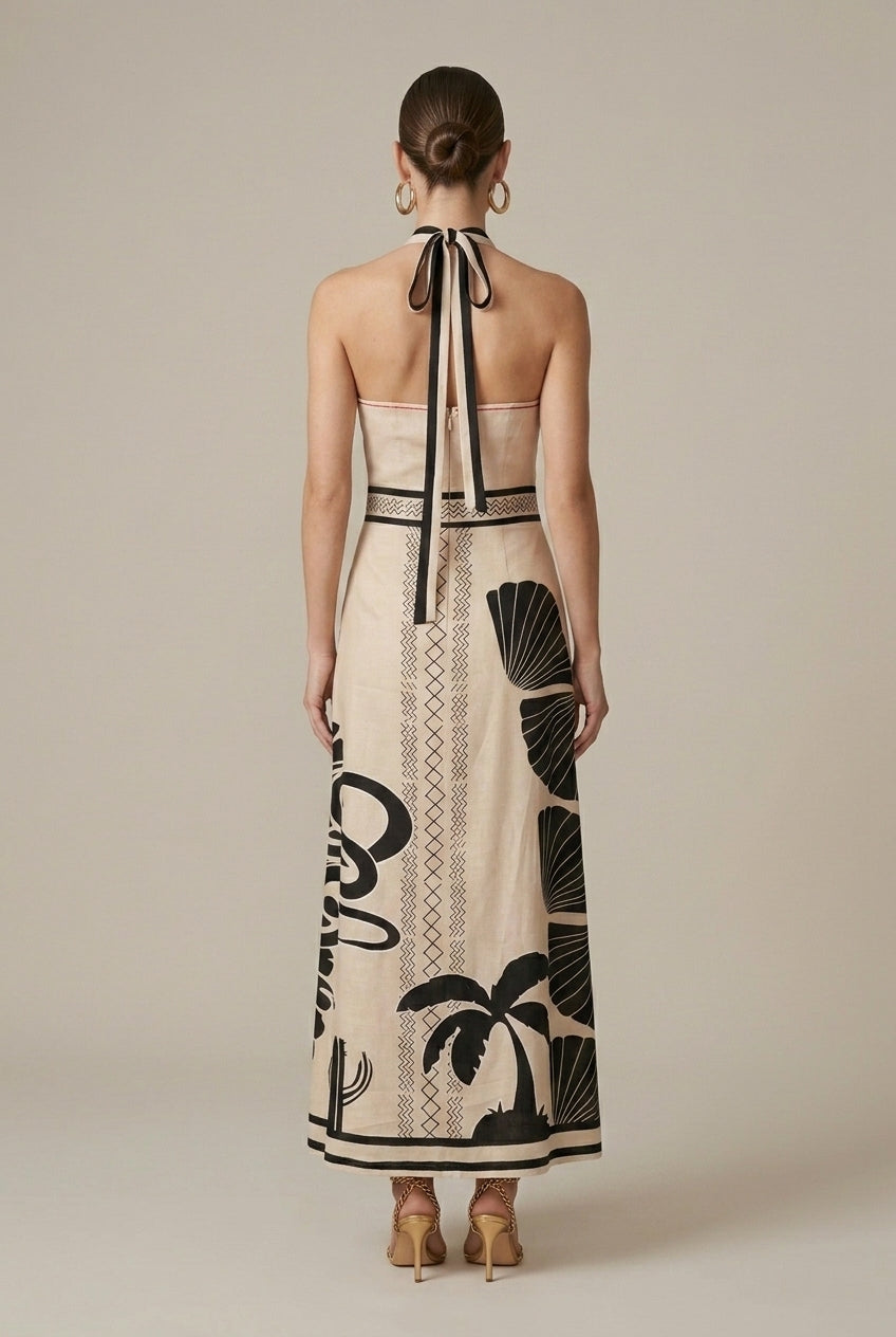 Palomina tropical cross-neck sleeveless maxi dress, back view