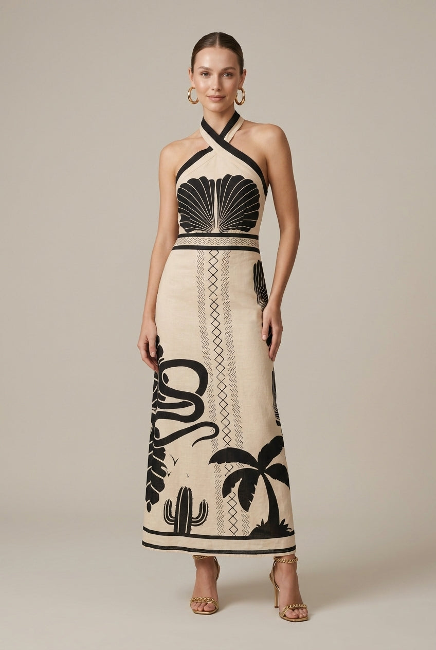 Palomina tropical cross-neck sleeveless maxi dress, Black