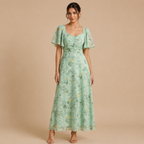 Patrice Floral Chiffon Maxi Dress with flutter sleeves in light green front view. Designed by Bella Hudson.