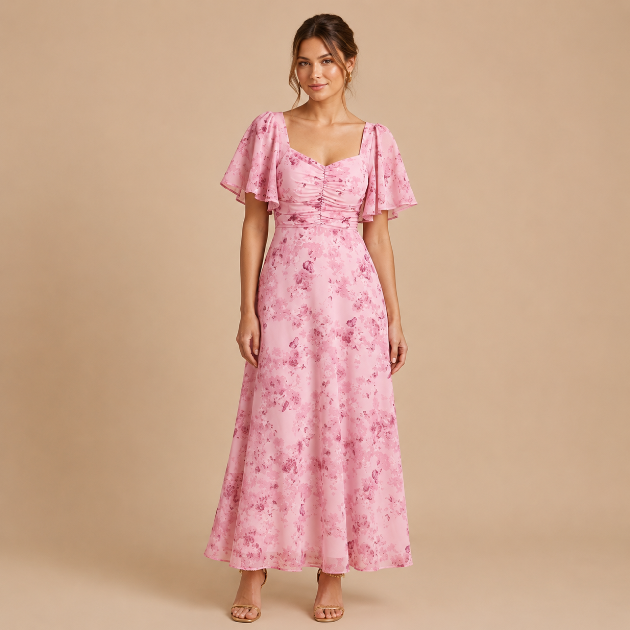 Patrice Floral Chiffon Maxi Dress with flutter sleeves in pink front view. Designed by Bella Hudson.
