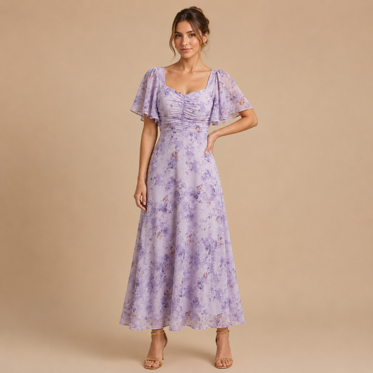 Patrice Floral Chiffon Maxi Dress with flutter sleeves in purple front view. Designed by Bella Hudson.