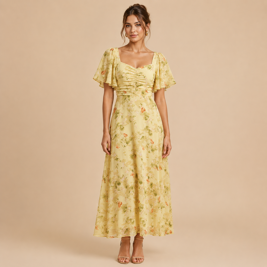 Patrice Floral Chiffon Maxi Dress with flutter sleeves in yellow front view. Designed by Bella Hudson.