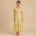 Patrice Floral Chiffon Maxi Dress with flutter sleeves in yellow front view. Designed by Bella Hudson.