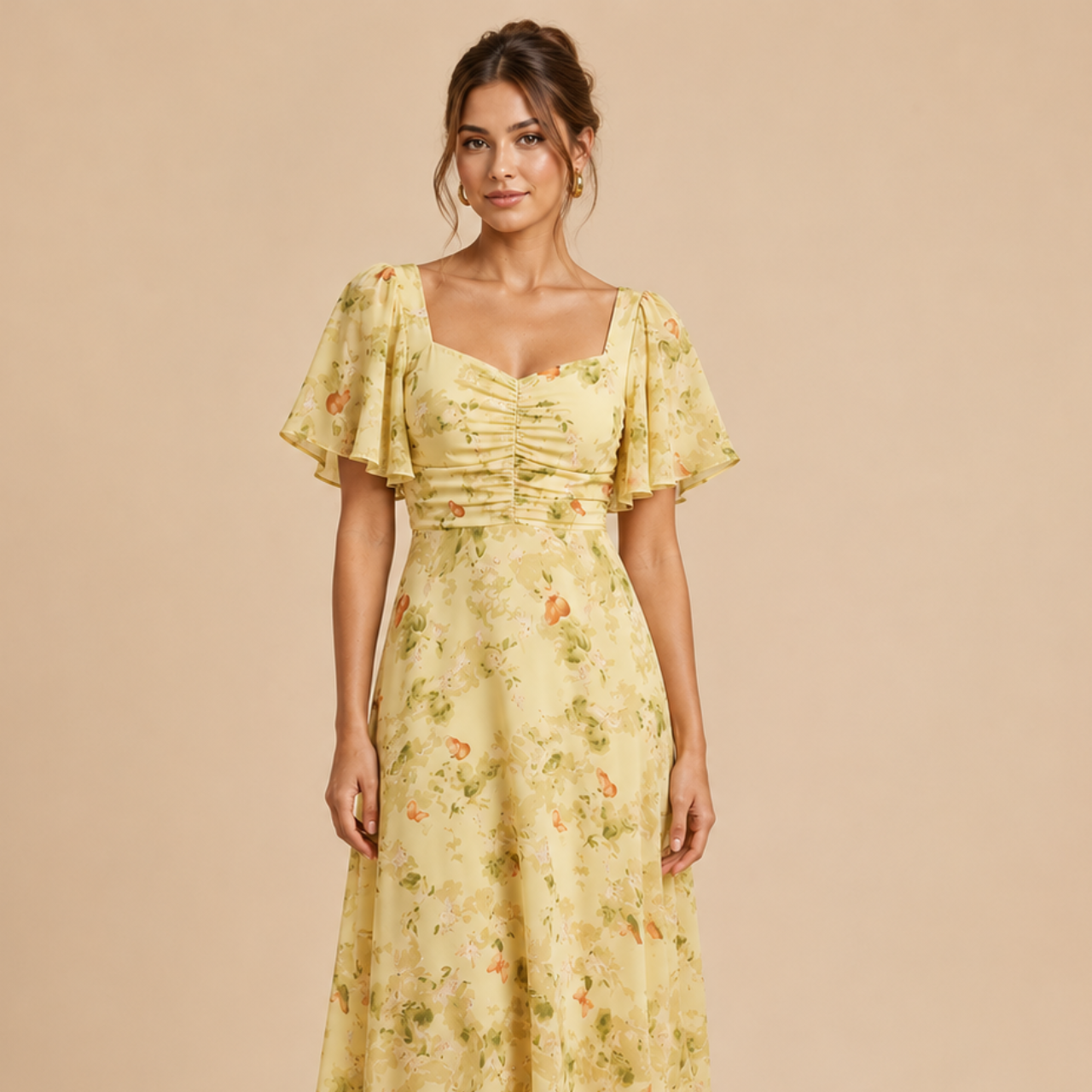 Patrice Floral Chiffon Maxi Dress with flutter sleeves in yellow, shown on model. Designed by Bella Hudson.