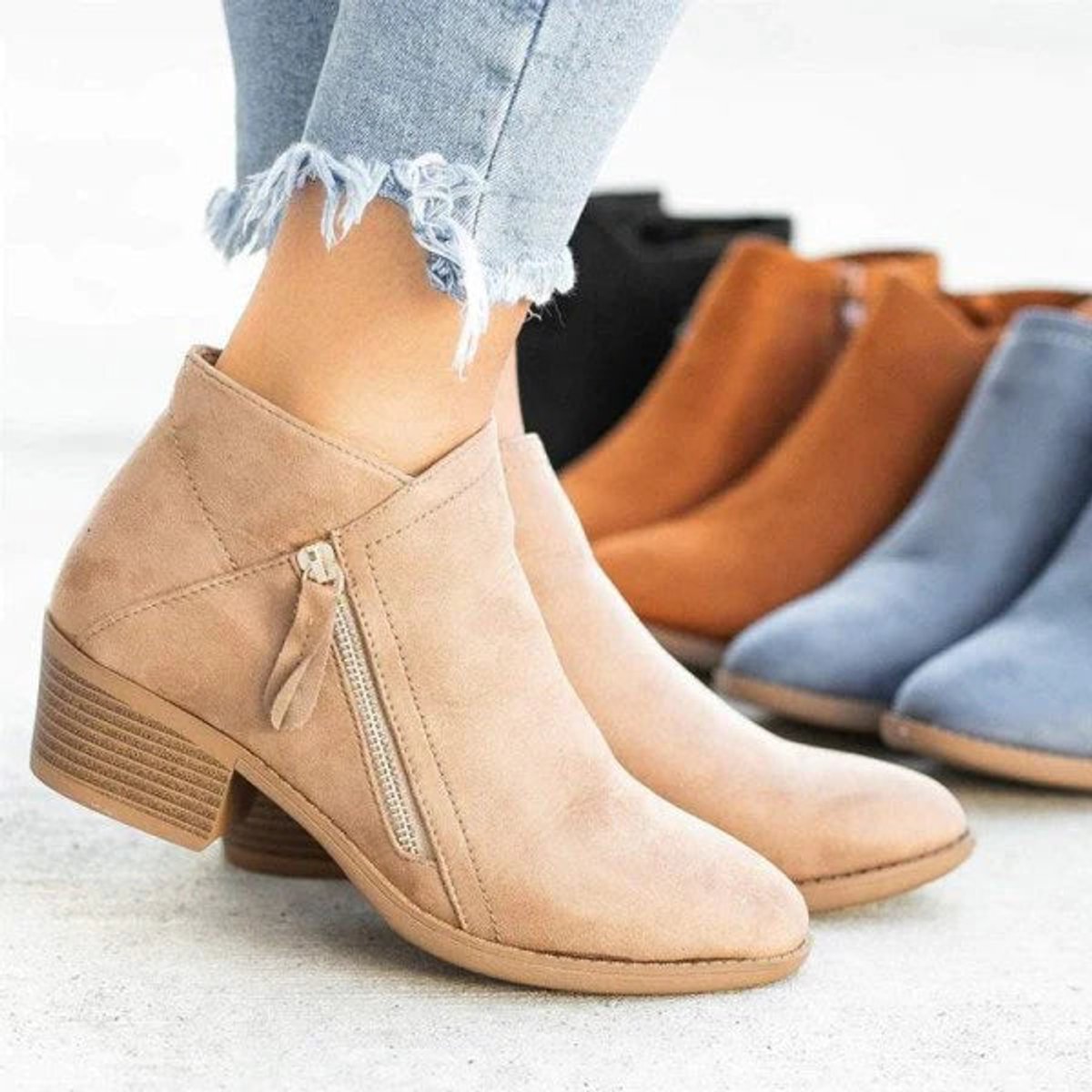Penelope Low-Heel Side-Zip Suede Ankle Boots, Beige