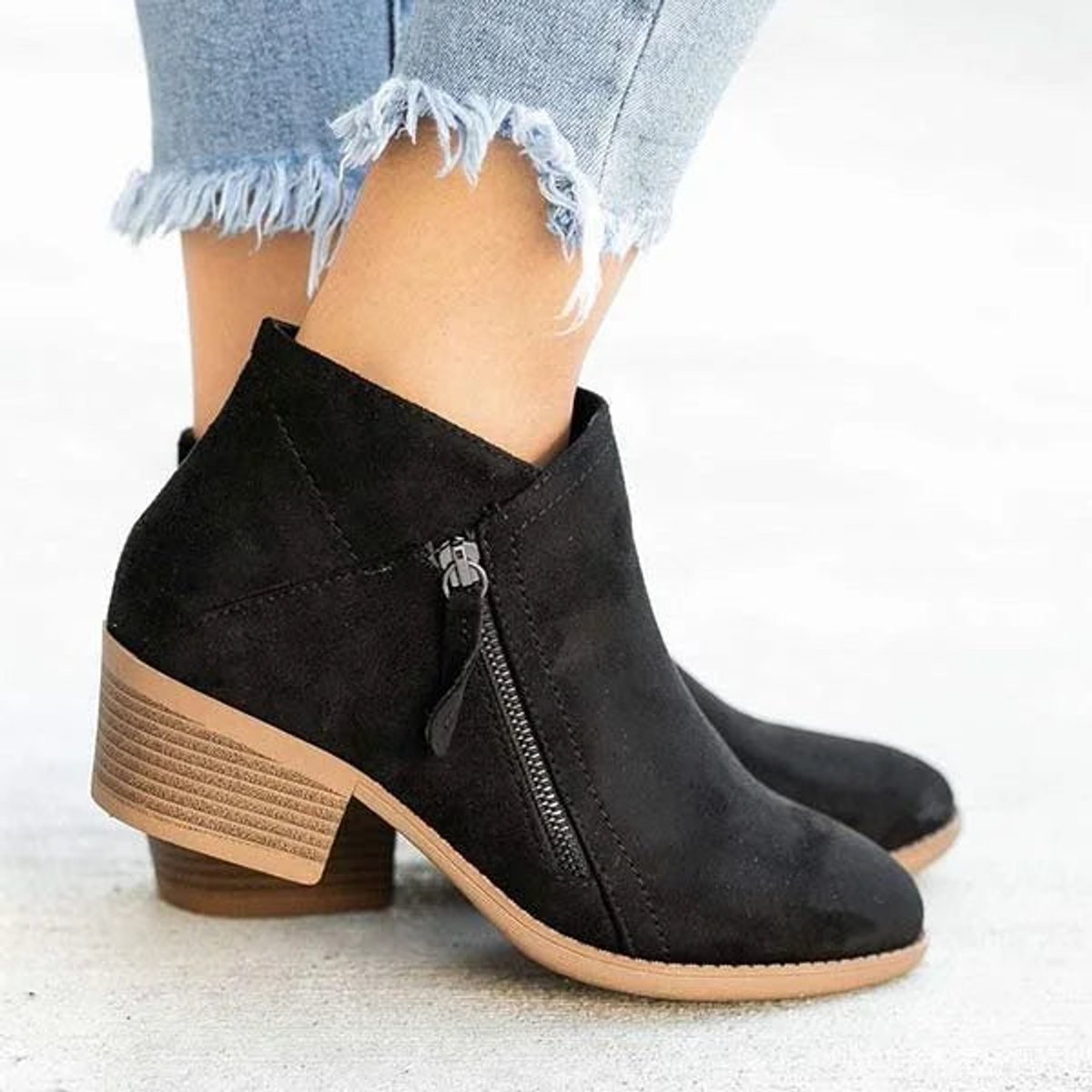 Penelope Low-Heel Side-Zip Suede Ankle Boots, Black