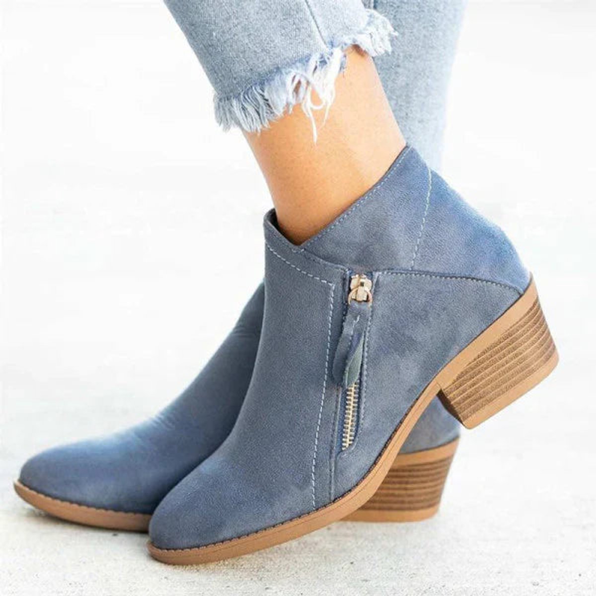 Penelope Low-Heel Side-Zip Suede Ankle Boots, Blue