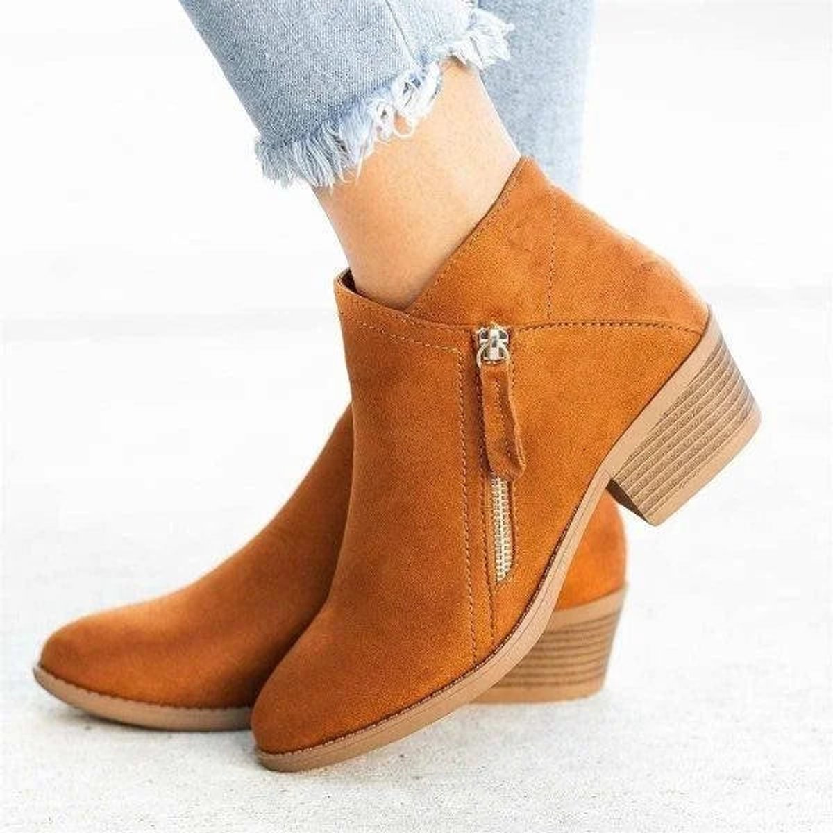 Penelope Low-Heel Side-Zip Suede Ankle Boots, Orange