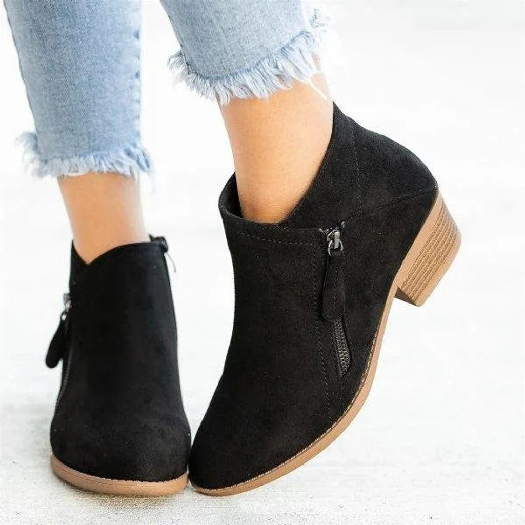 Penelope Low-Heel Side-Zip Suede Ankle Boots, styled view