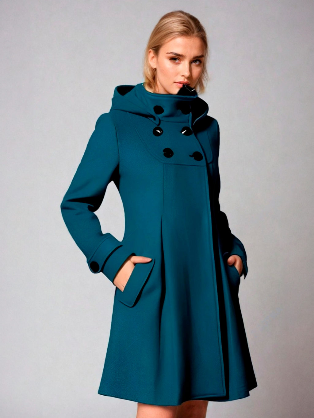 Perpetua Hooded A-Line Coat, styled view