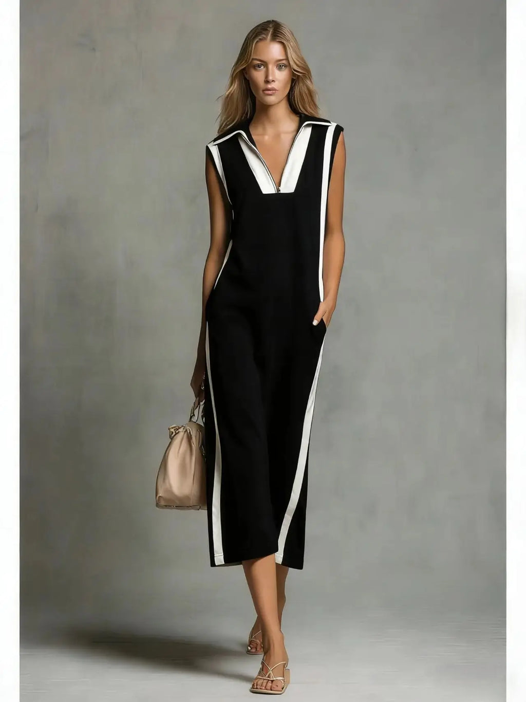 Perpetua V-neck contrast maxi dress, view 2