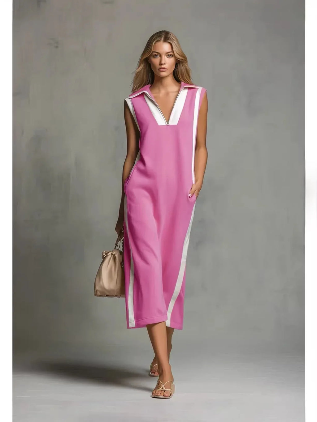Perpetua V-neck contrast maxi dress, view 3