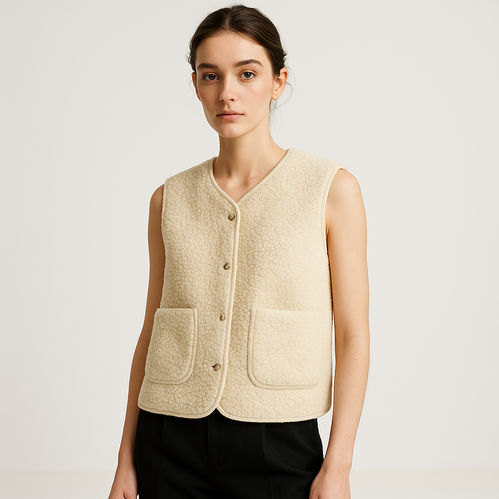 Perpetua Shearling-Look Button Vest, Beige