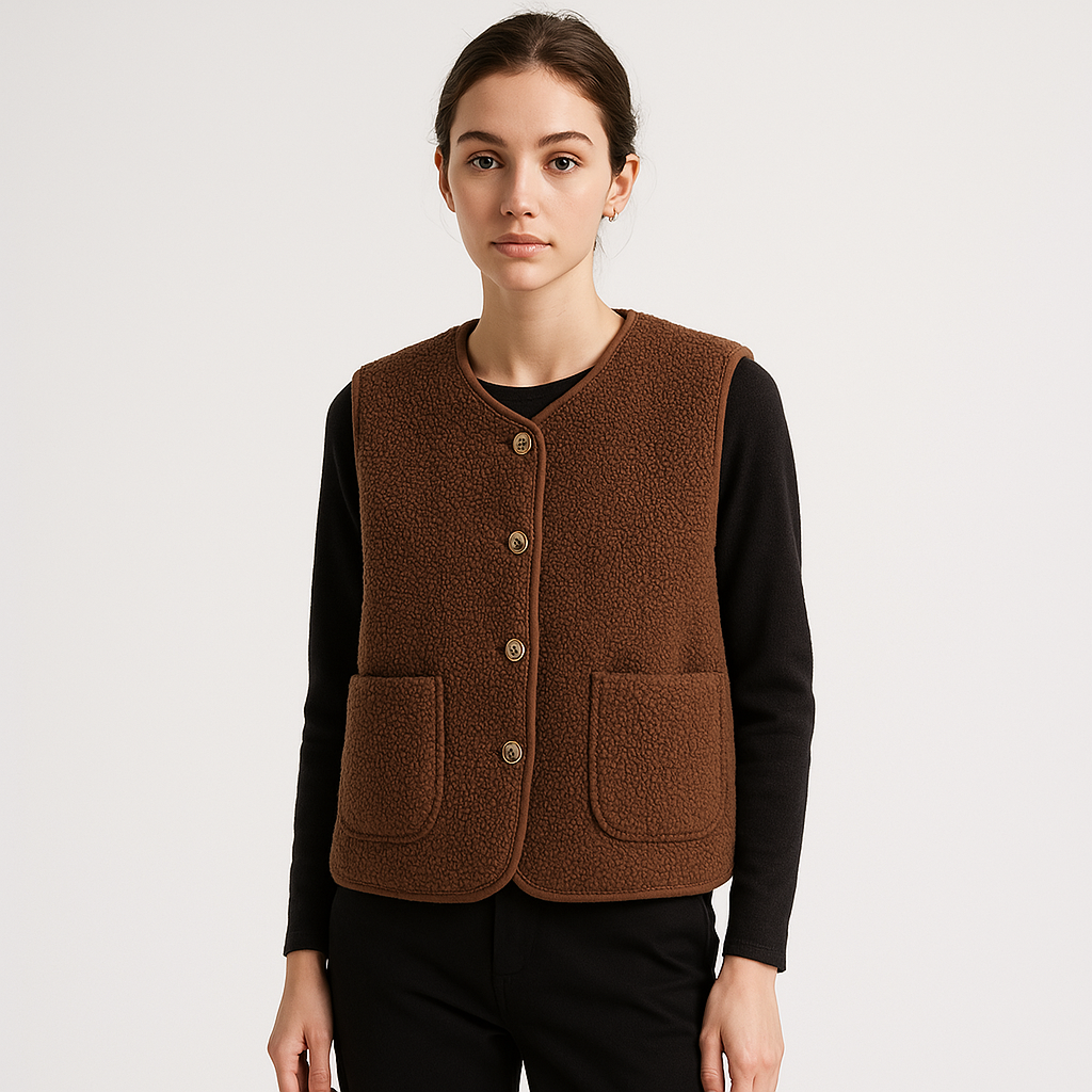 Perpetua Shearling-Look Button Vest, Brown