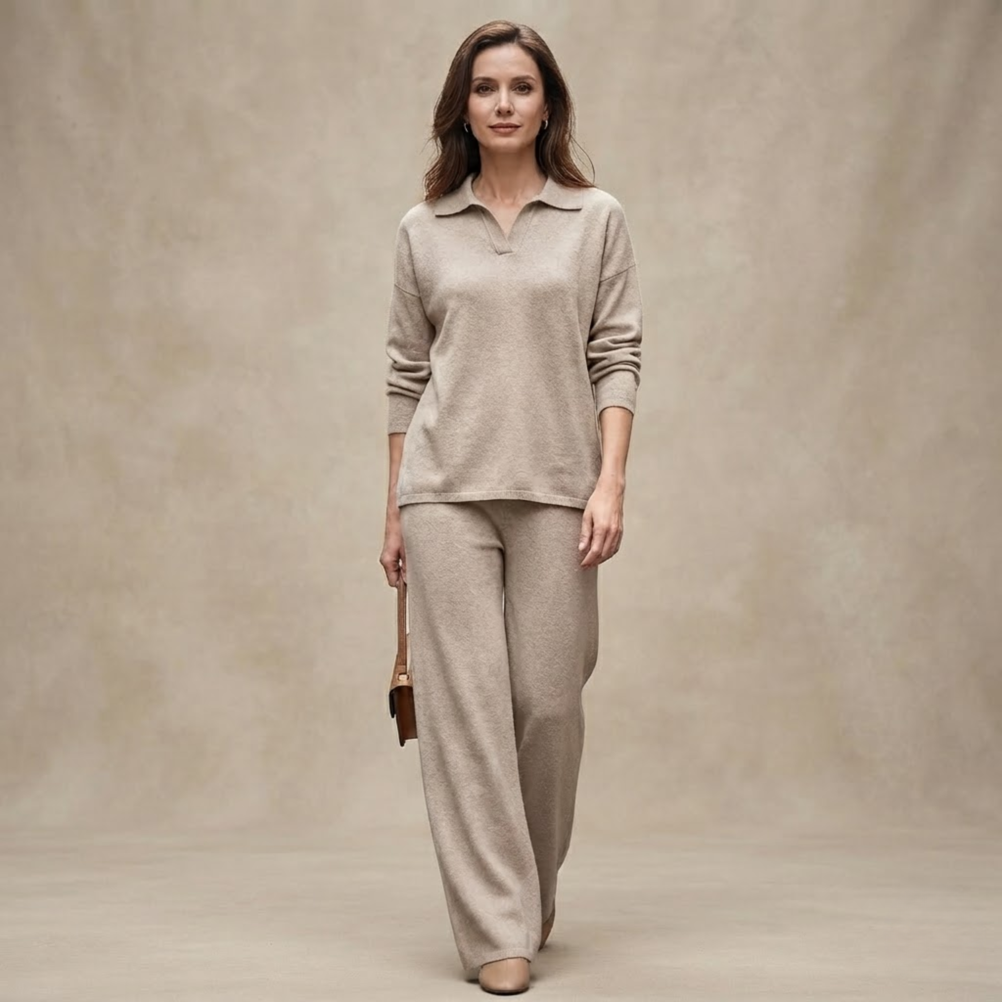 Front view of the Perpetua Two-Piece Set Knit Collared in Beige, featuring a classic collared top and matching knit bottoms. Designed by Bella Hudson.