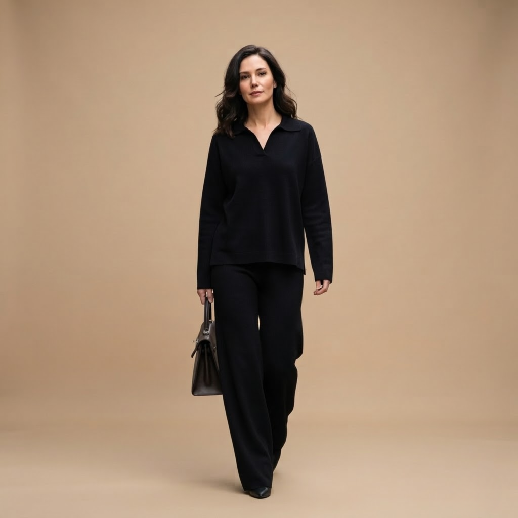 Front view of the Perpetua Two-Piece Set Knit Collared in Black, featuring a classic collared top and matching knit bottoms. Designed by Bella Hudson.