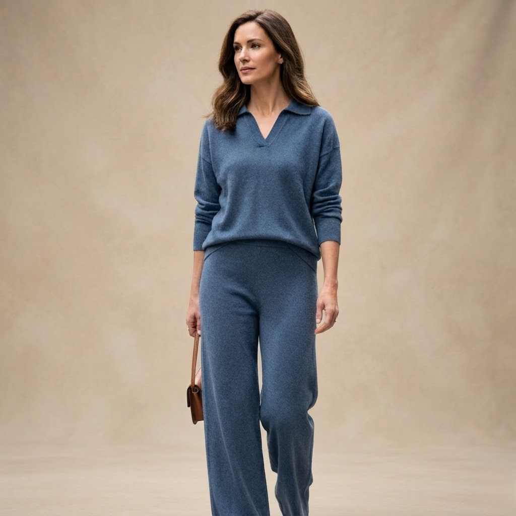 Front view of the Perpetua Two-Piece Set Knit Collared in Blue, featuring a classic collared top and matching knit bottoms. Designed by Bella Hudson.